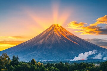 Fototapeta premium Breathtaking Sunrise Over Majestic Mountain with Vibrant Sky and Smoke in the Valley