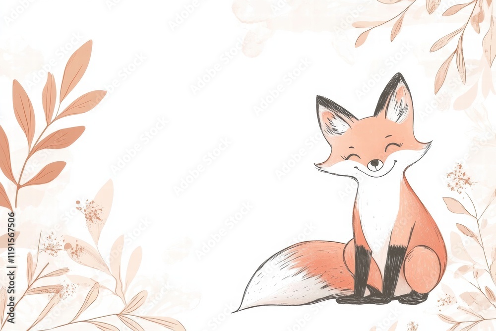 Aufkleber illustrated fox character happily sitting among minimalist leaves in a tranquil setting with soft co