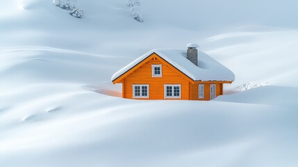 Orange Cabin Nestled In Deep Winter Snow
