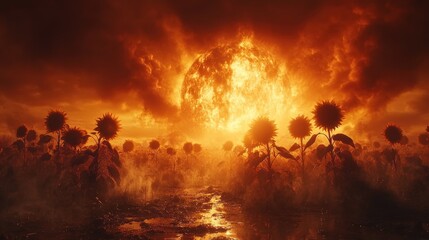 Sunflowers Silhouetted Against A Fiery Sunset Sky