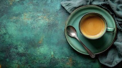 Warm cup of tea on a turquoise surface with silver spoon and napkin nearby