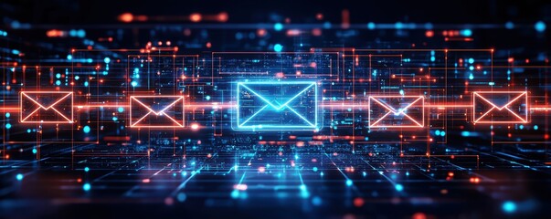 Glowing digital email icons with futuristic neon design in virtual space