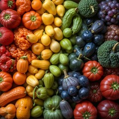 Assortment of Fresh Organic Fruits and Vegetables in Vibrant Rainbow Colors