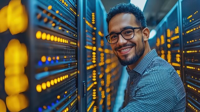 Young hispanic male it technician smiling in data center with servers