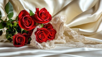 Elegant Red Roses with Lace on Satin Background - Romantic and Sophisticated Decor