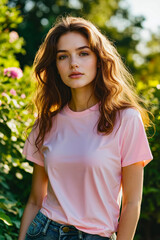 Fototapeta premium A woman in a pink shirt is posing for a picture