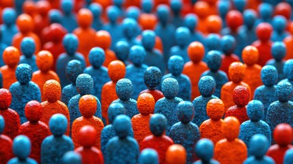 Diverse crowd of small blue and red figurines representing unity