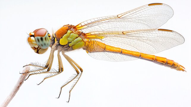Close-up of an orange dragonfly perched on a twig against a white background.