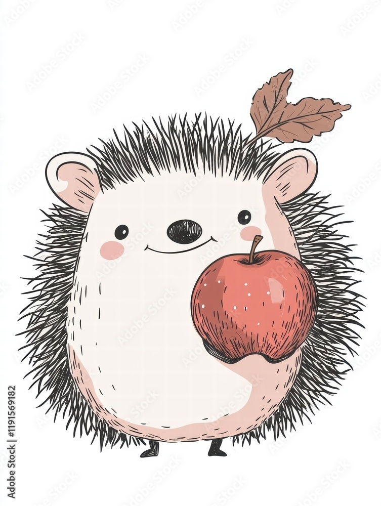 Aufkleber Cute illustrated hedgehog balancing an apple with a leaf on its back in a playful forest setting. Generative AI