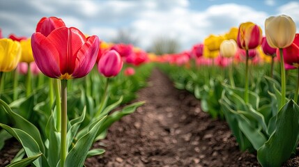 Colorful Tulips Bloom In A Spring Field