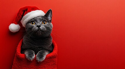 Cat dressed in a festive Santa hat and nestled in a red stocking for the holidays