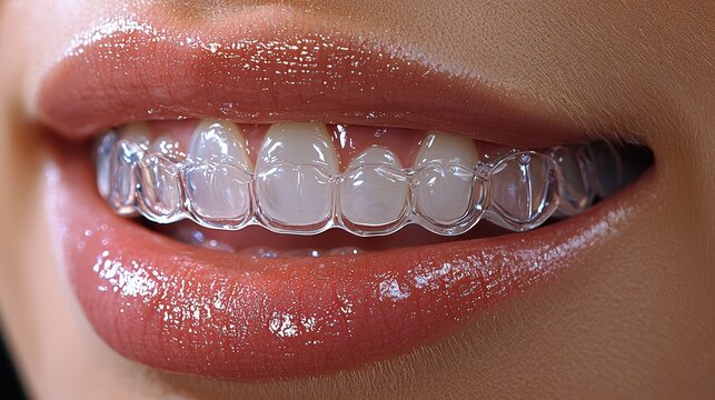 Close-up of woman's smile with clear aligners and glossy lips
