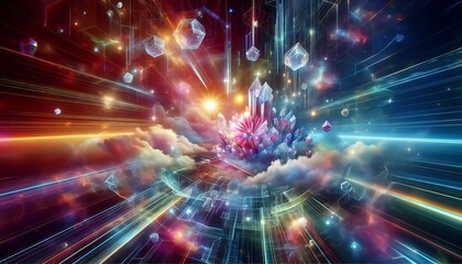 Naklejka premium Surreal futuristic background with floating crystalline structures, vibrant refracted light beams, and holographic vibrant clouds. Generative AI