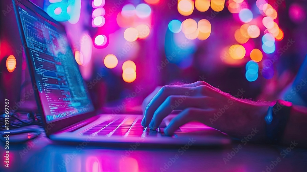 Wall mural hands typing code on laptop in neon light