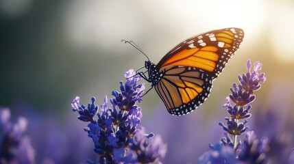 Obraz premium Monarch Butterfly on Lavender in Sunlight