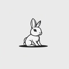 Cute white rabbit sitting, simple design, gray background, logo illustration