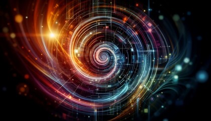 Futuristic digital vortex background with swirling geometric patterns, glowing gradients, and high-contrast neon accents. Generative AI