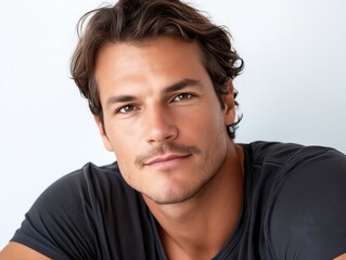 Obraz premium A man with long hair and a black shirt is looking at the camera