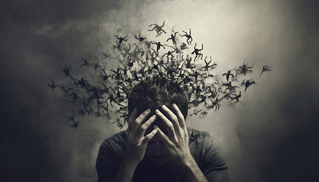 Inner Struggle, Internal Conflict, Mental Health, Anxiety, Schizophrenia, Overwhelming Thoughts Concept Image.