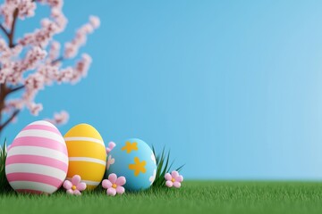 Fototapeta premium Vibrant Easter eggs concealed in a blossoming spring garden, surrounded by cherry blossoms and tulips, under a clear blue sky