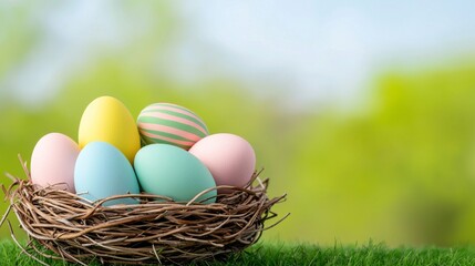 Fototapeta premium Festive celebrations are ideal for a white basket filled with colorful Easter eggs against a lively backdrop