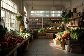 Fresh produce display in a rustic market setting with abundant vegetables and greenery