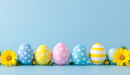 Fototapeta premium Colorful Easter eggs and spring flowers illuminated by festive bokeh lights