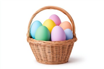 Vibrant Easter eggs in a basket, set against a white background