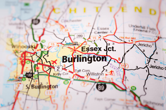 Burlington, Chittenden County, Vermont, USA - January 2025: VT Highway Road Map Closeup, Essex Junction, South Burlington