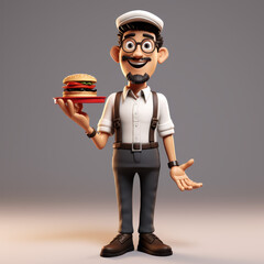 Cartoon Chef Illustration Holding a Delicious Burger on Tray with Mustache and Cap for Restaurant Branding and Menu Design