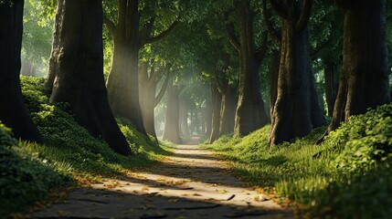 Obraz premium Serene forest pathway illuminated by soft sunlight filtering through trees.