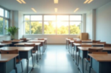 Beautiful blurred background of bright classroom and study room with panoramic windows and beautiful lighting. Blurred Empty school background