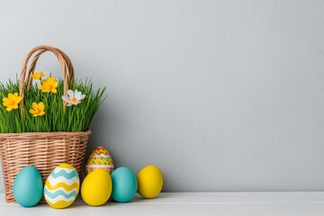 An Easter greeting card featuring glazed cookies and vibrant Easter eggs in a basket, with room for text