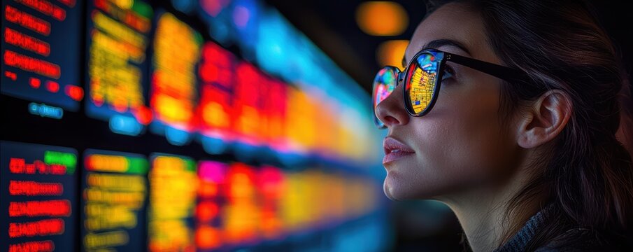 Young caucasian female analyzing colorful data reflections on glasses