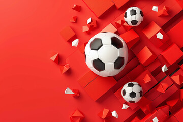 Abstract Red Background with Soccer Balls and Hexagonal Shapes for a Modern Sports Design