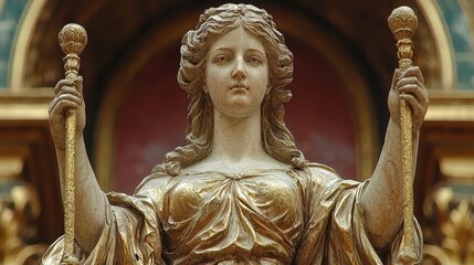 Ancient stone statue of justicia: symbol of justice holding scales and sword, detailed artwork