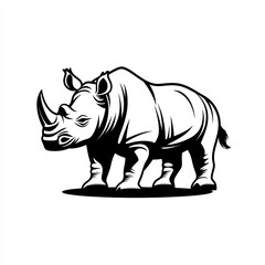 Fototapeta premium White rhino standing, monochrome illustration, African savanna background, wildlife logo