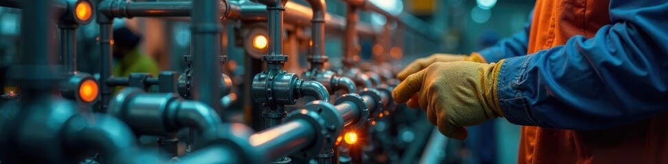 Fototapeta premium Close-up refinery machinery; worker's hand visible , mechanism, fabrication