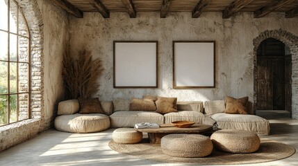 Rustic Living Room Design With Beige Sofa And Wooden Accents