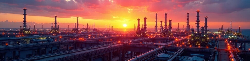 Obraz premium Panorama of industrial refinery pipelines network at sunset, infrastructure, pipelines
