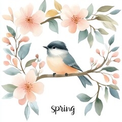 Watercolor Chickadee Illustration with Spring Branch and Leaves 14