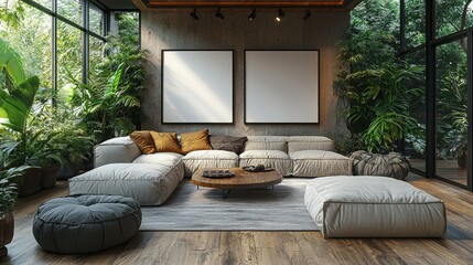 Obraz premium Modern Living Room Design With Lush Greenery and Blank Canvas