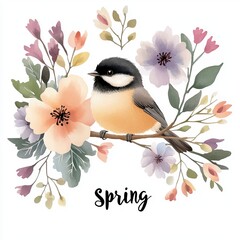 Watercolor Chickadee Illustration with Spring Branch and Leaves 5
