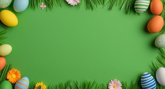 An Easter scene with fresh green grass and painted eggs set against a spring background