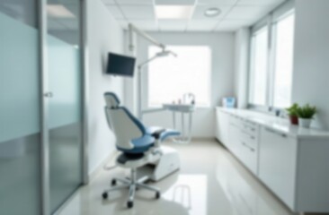 Blurred dentist office interior with empty chair, dental instruments, modern clinic room, professional healthcare setting, oral care equipment