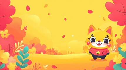 Colorful autumn landscape with a cheerful yellow cat character amidst vibrant foliage