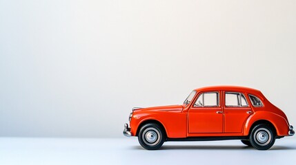 Obraz premium Classic red toy car displayed on a minimalistic white background