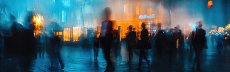 Blurred figures stroll down a lively city street at night, surrounded by illuminated storefronts and vibrant atmosphere. The haze creates a dreamlike quality to the scene.