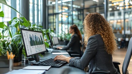 Caucasian female adults working in modern office with computers and greenery