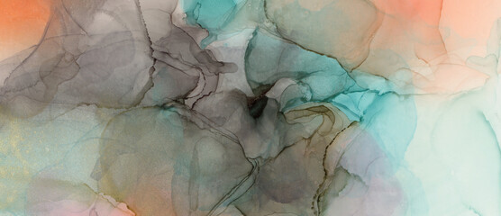 Art smoke alcohol Ink, watercolor hand drawn painting cloud blot. Abstract pastel color stain horizontal background.
